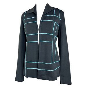 Ming Wang Cardigan Black Blue Trim Mod Open Collared Career Travel Sweater M